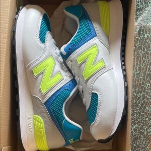 New Balance Sneakers in White, Blue, and Neon Yellow